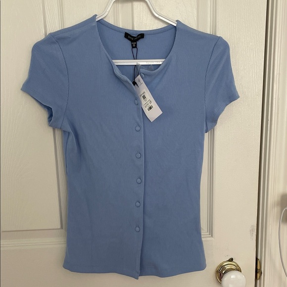 Dynamite Tops - Dynamite Light Blue Ribbed Button-Front Short Sleeve Top